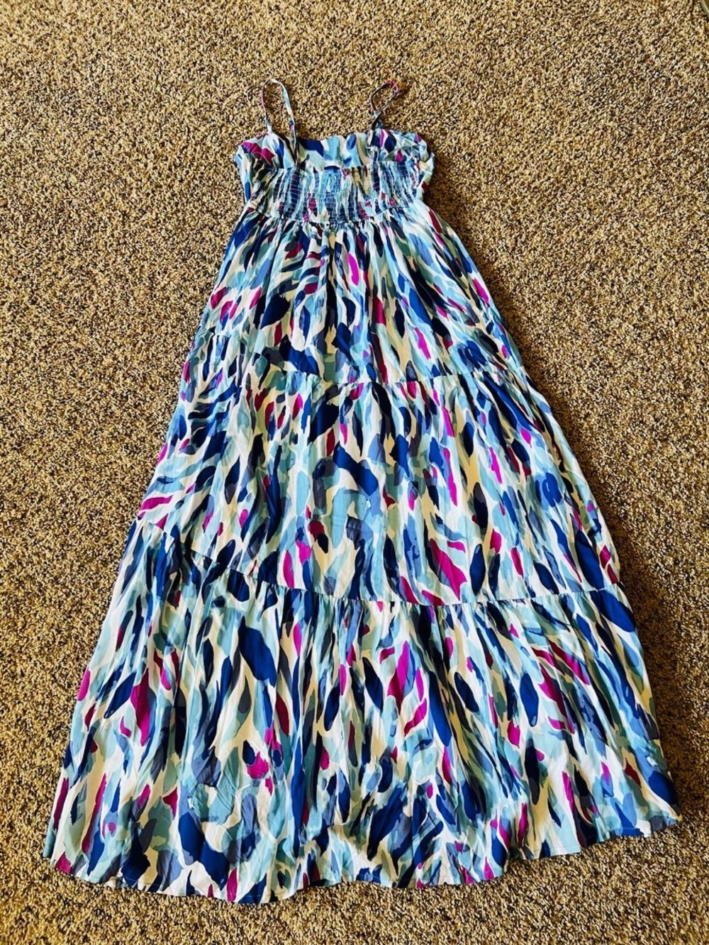 Sincerly Jules Blue Teal Pink Cream Smocked Tiered Maxi Dress